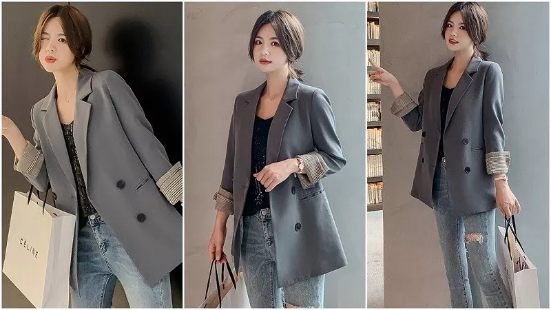 alt: Blazer nữ màu be phối cùng quần jean