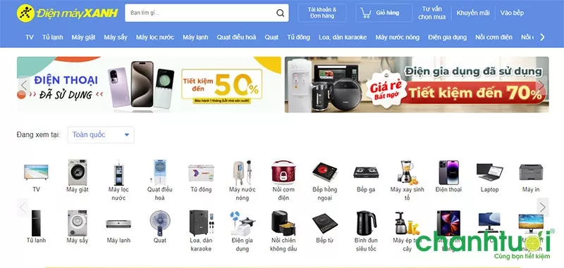 alt: Giao diện website Điện Máy Xanh, phần chọn phân loại sản phẩm