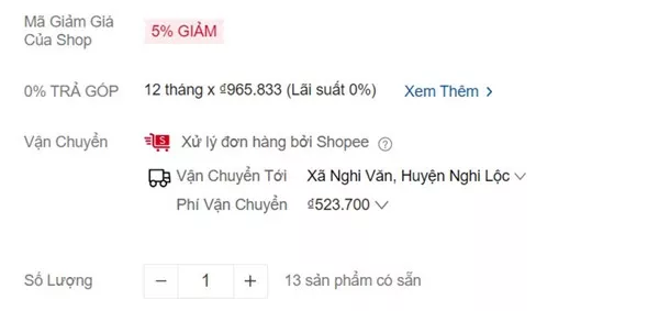 alt: Hình ảnh minh họa chi tiết sản phẩm trả góp trên Shopee với thông tin về kỳ hạn và ngân hàng