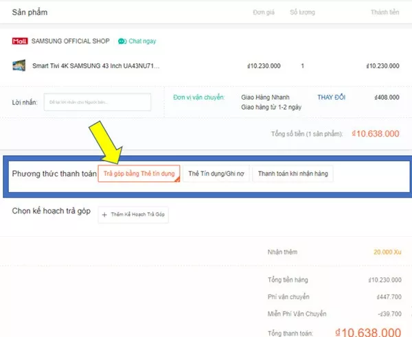 alt: Hình ảnh minh họa lựa chọn phương thức thanh toán trả góp trên Shopee