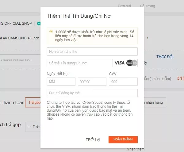 alt: Hình ảnh minh họa nhập thông tin thẻ tín dụng trên Shopee để hoàn tất đơn hàng trả góp