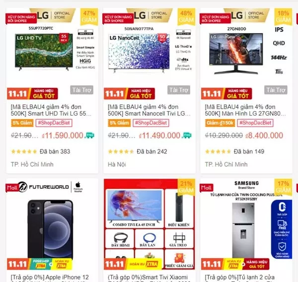 alt: Hình ảnh minh họa tìm kiếm sản phẩm trả góp trên Shopee với ô tìm kiếm và kết quả hiển thị