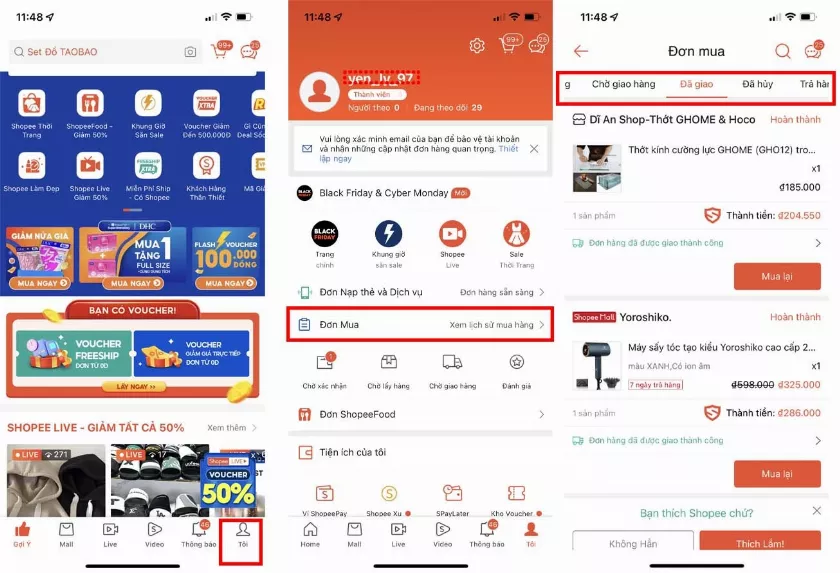 alt: Hướng dẫn xem đơn hàng đã mua trên Shopee