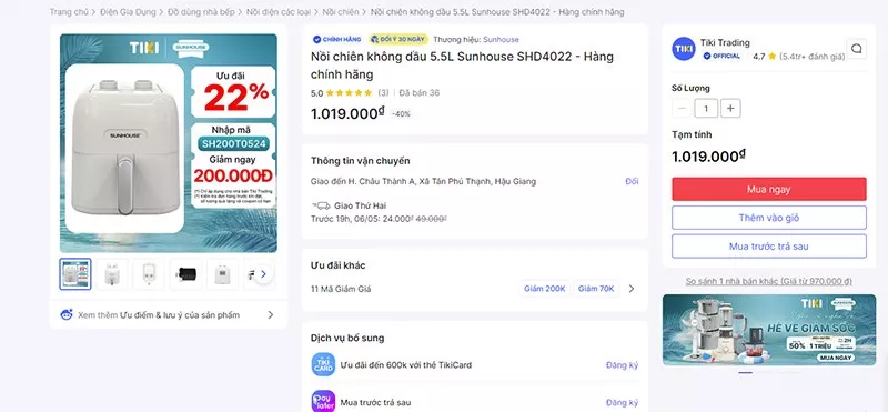 alt: Nồi chiên không dầu Sunhouse trên Tiki