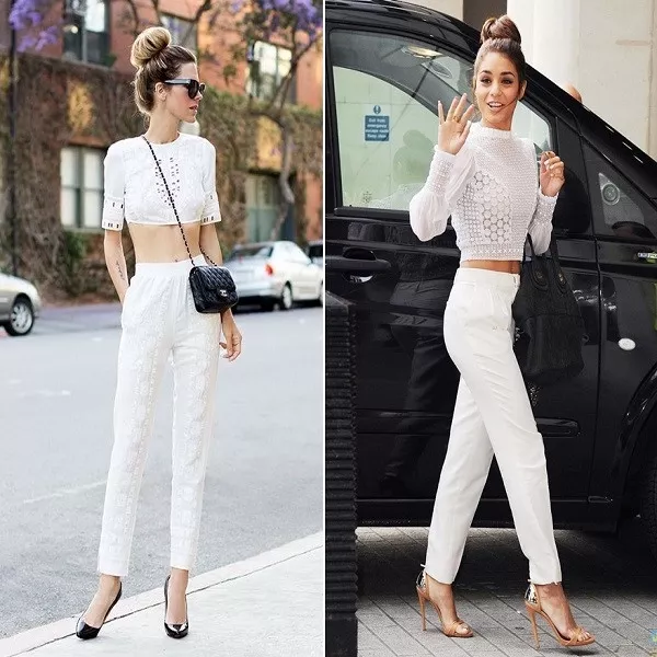 alt: Quần tây trắng phối với áo croptop