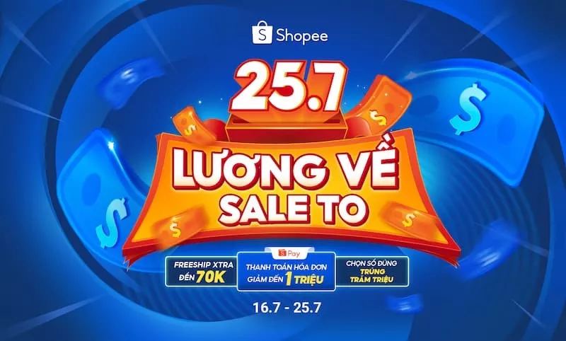 alt text: Banner quảng cáo chương trình khuyến mãi Shopee 25/7 với hình ảnh quà tặng, voucher và freeship