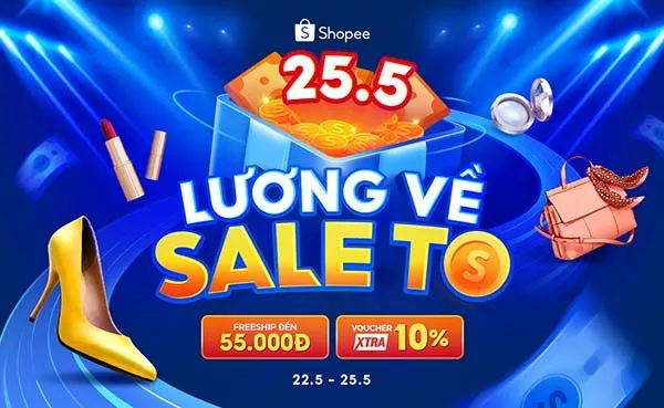 alt text: Banner quảng cáo chương trình Shopee 25.5 với thông điệp "Lương về sale to"