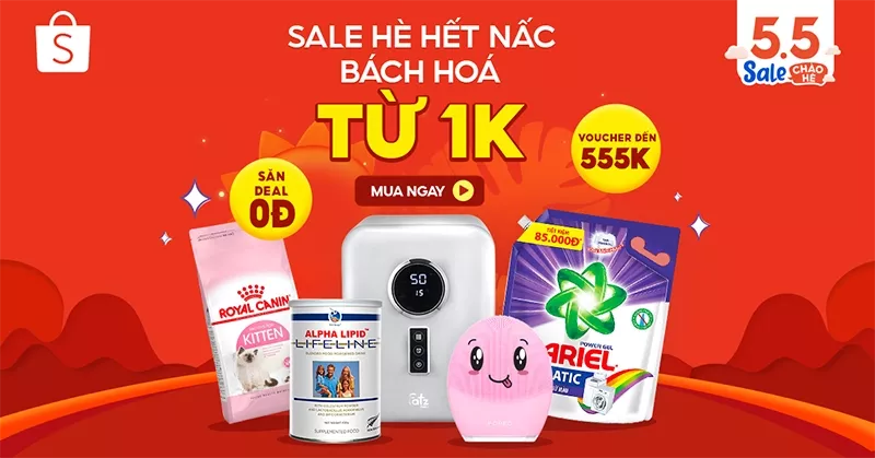 alt text: Banner quảng cáo ngành hàng bách hóa trong chương trình Shopee 5.5 Sale.