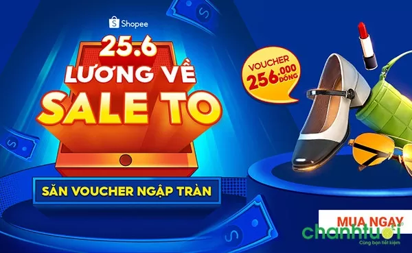 alt text: Banner quảng cáo Shopee 25/6 với thông điệp Lương Về - Săn Voucher Ngập Tràn