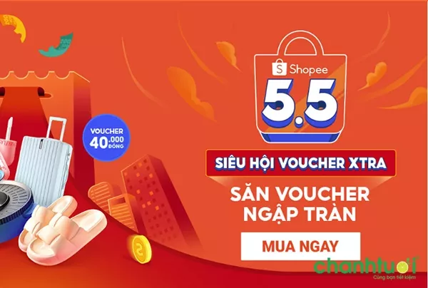 alt text: Banner quảng cáo Shopee 5.5 với hình ảnh các sản phẩm khuyến mãi và thông tin về chương trình giảm giá