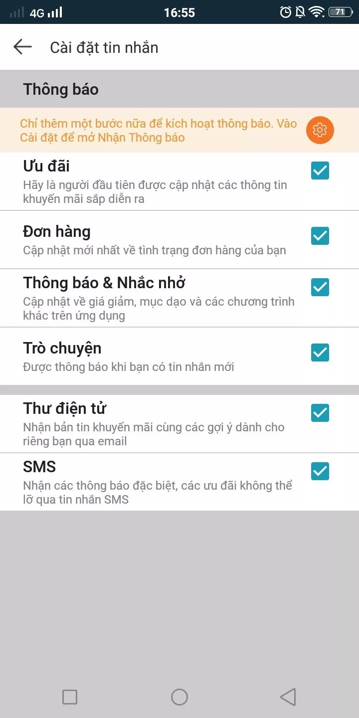 alt text: Bỏ chọn các loại thông báo không muốn nhận từ Lazada