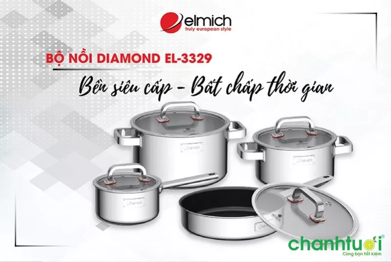 alt text: Bộ nồi chảo 3 lớp liền đáy Elmich Diamond EL3329