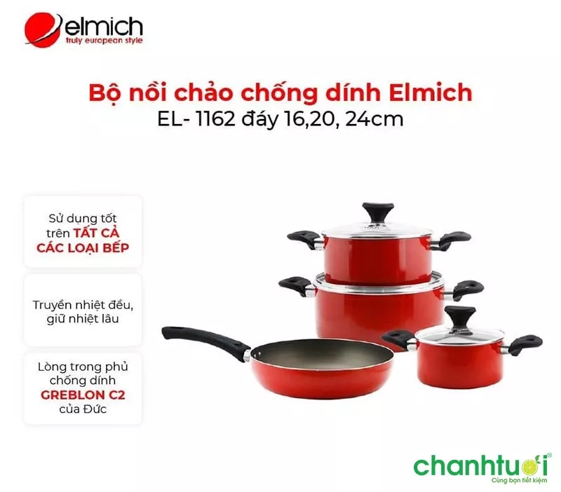 alt text: Bộ nồi chảo chống dính Elmich EL-1162 với đáy từ