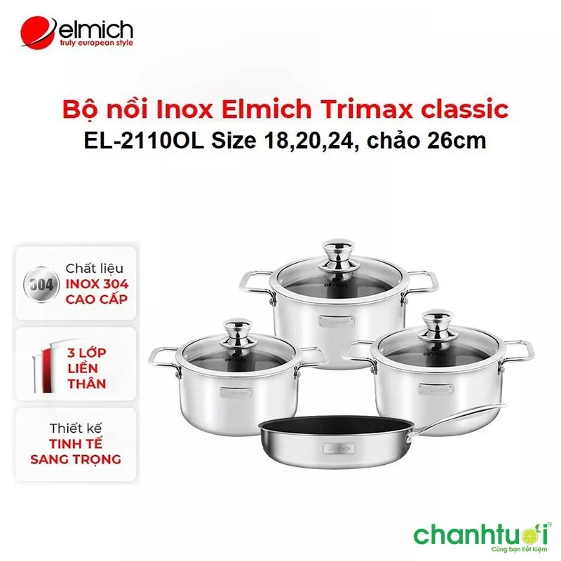 alt text: Bộ nồi chảo inox 304 Elmich Trimax Classic EL-2110OL với thiết kế sang trọng