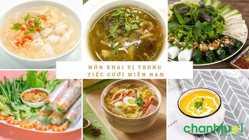 alt text: Các món ăn thường thấy trong tiệc cưới miền Nam: gỏi cuốn, súp, cá kho tộ.