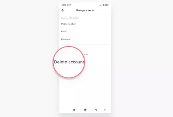 alt text: Chọn Delete account (xóa tài khoản) trên điện thoại