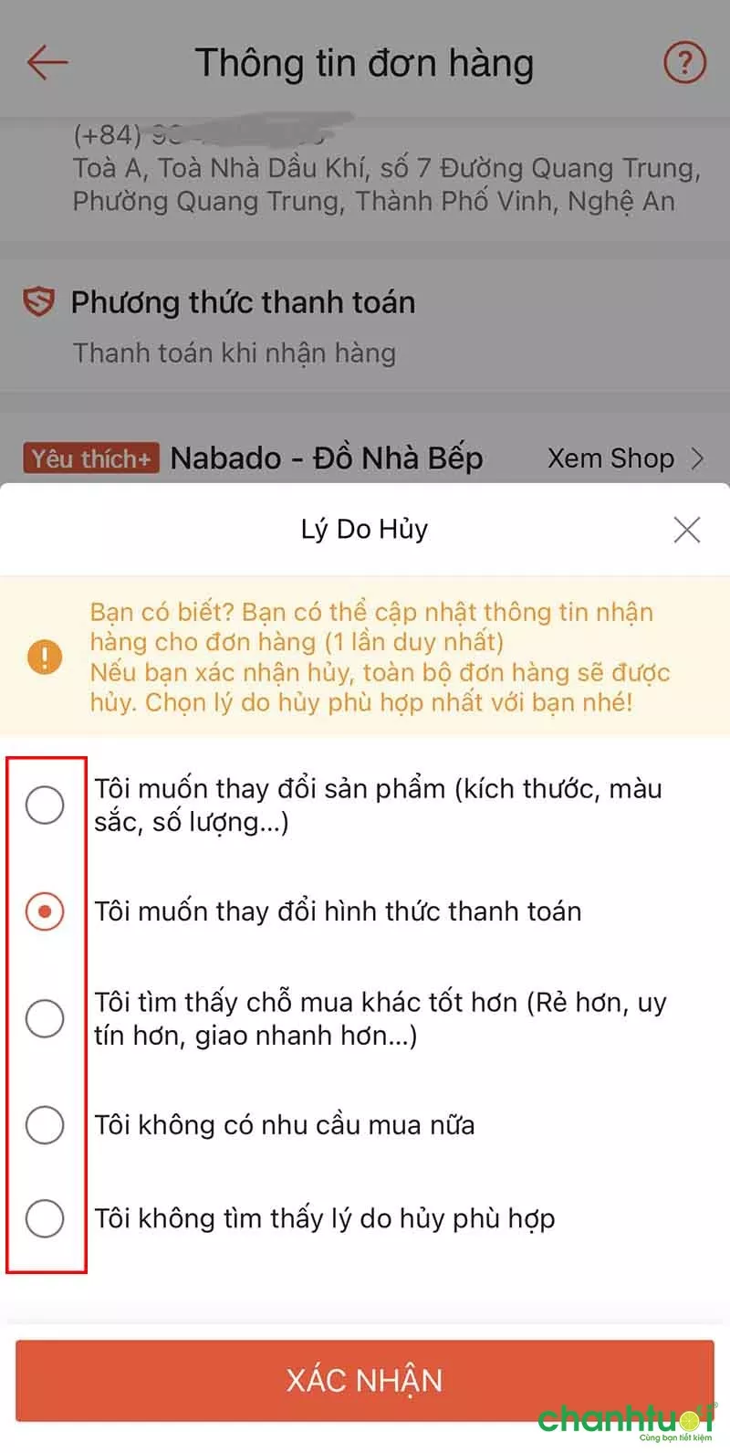 alt text: Chọn lý do hủy đơn hàng trên Shopee