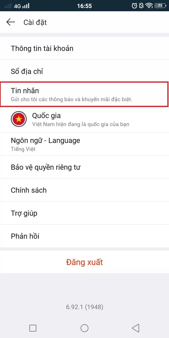 alt text: Chọn mục Tin nhắn trong phần cài đặt của ứng dụng Lazada