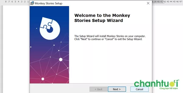 alt text: cửa sổ cài đặt Monkey Stories, nút Next được khoanh đỏ