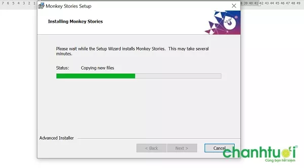 alt text: cửa sổ cài đặt Monkey Stories với thanh tiến trình