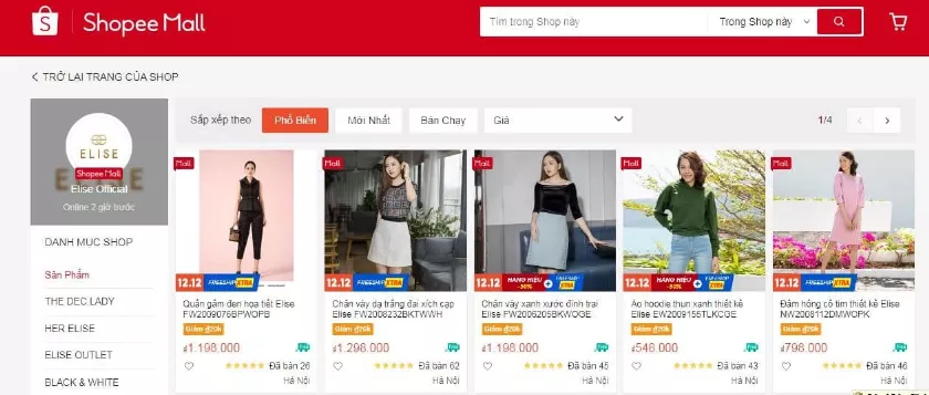 alt text: Danh mục sản phẩm Elise trên Shopee