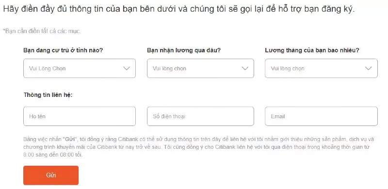 alt text: Điền thông tin đăng ký mở thẻ Lazada Citi Platinum