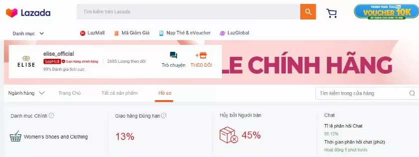 alt text: Gian hàng chính hãng Elise trên Lazada