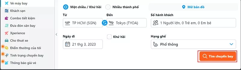 alt text: Giao diện tìm kiếm chuyến bay, nhập thông tin