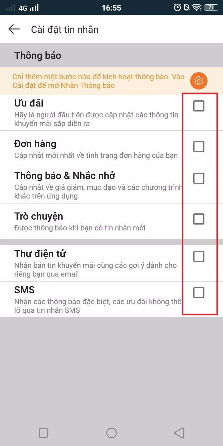 alt text: Giao diện tùy chỉnh thông báo của Lazada trên điện thoại