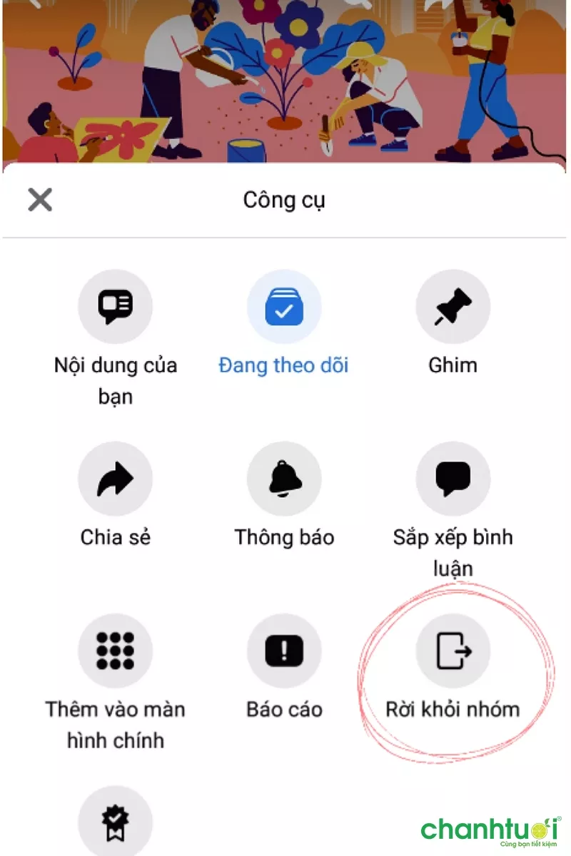 alt text: Hình ảnh minh họa bước chọn rời khỏi nhóm trên điện thoại