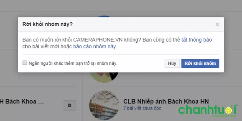 alt text: Hình ảnh minh họa bước xác nhận rời khỏi nhóm và chặn mời lại trên máy tính