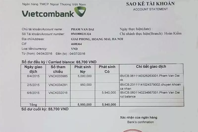 alt text: hình ảnh minh họa chi tiết sao kê online Vietcombank