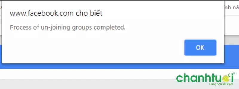 alt text: Hình ảnh minh họa thông báo hoàn tất rời nhóm hàng loạt trong tiện ích Toolkit for Facebook