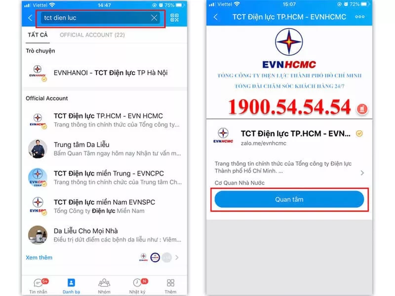 alt text: Hình ảnh minh họa tìm kiếm điện lực trên Zalo
