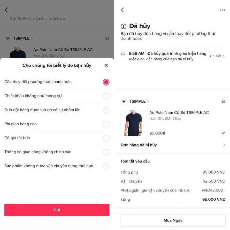 alt text: Lựa chọn lý do hủy đơn hàng trên TikTok