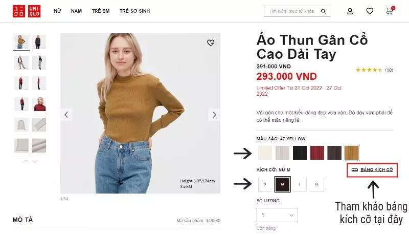 alt text: Lựa chọn sản phẩm, màu sắc và kích cỡ trên website Uniqlo