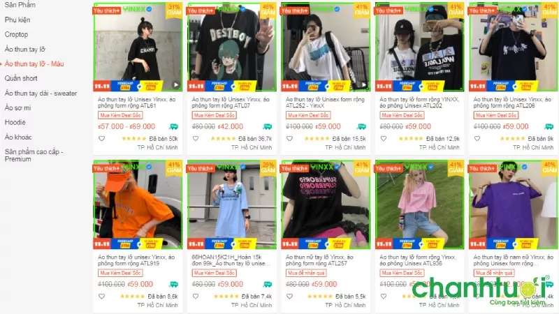 alt text: Mẫu áo thun form rộng nhiều màu của Yinxx trên Shopee