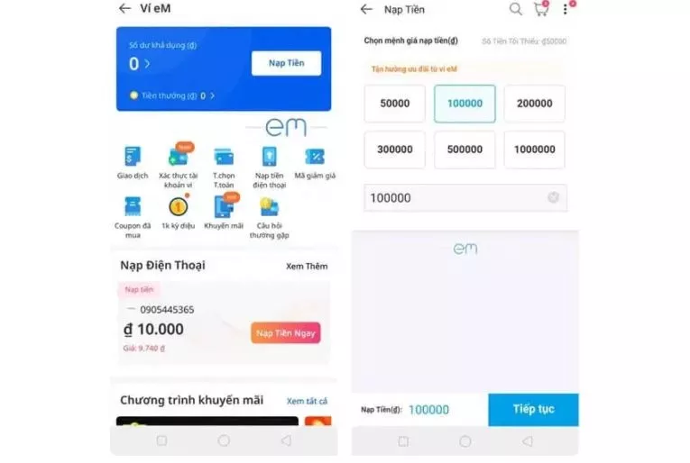 alt text: Nạp tiền vào ví eM trên Lazada