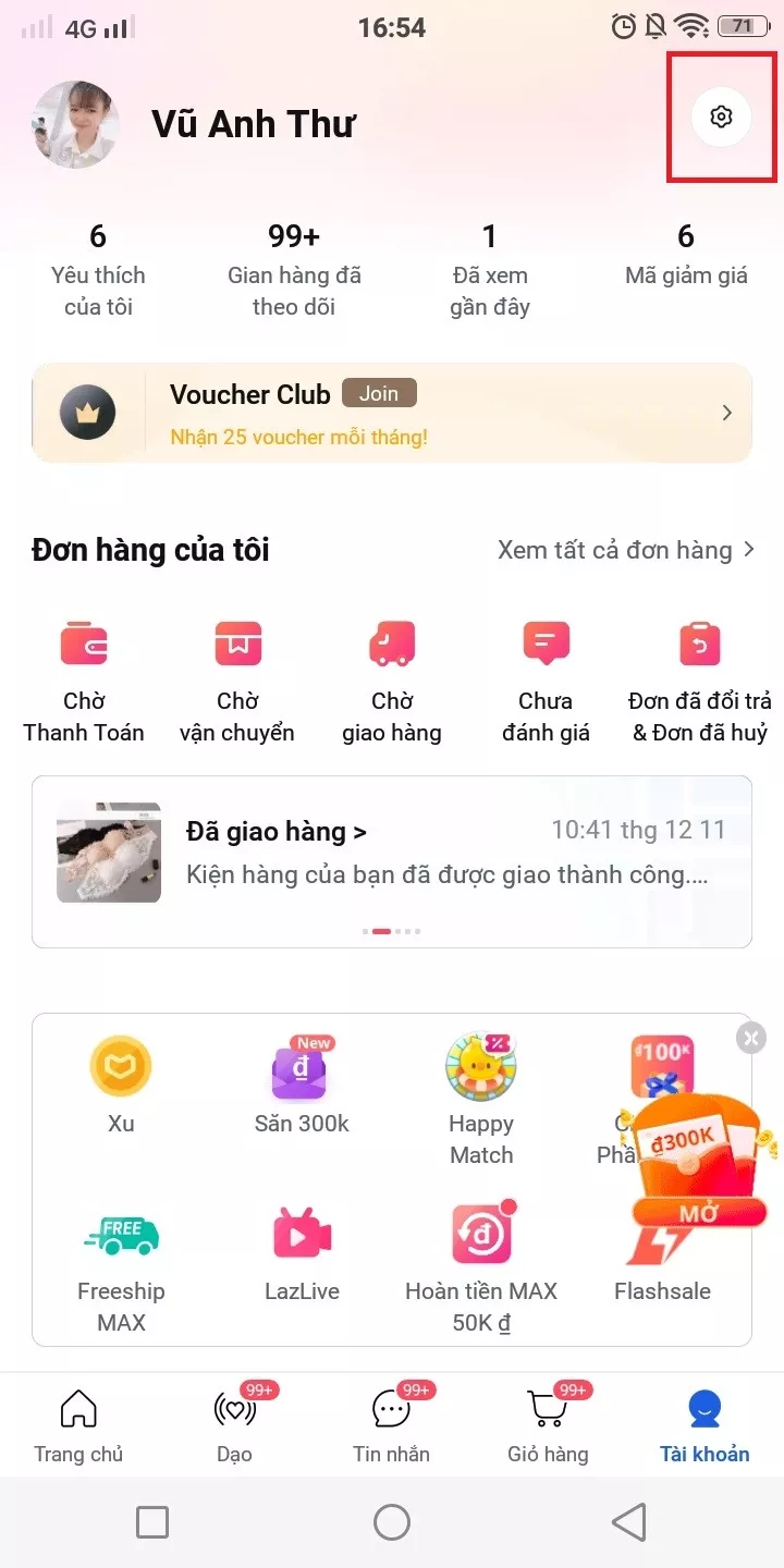 alt text: Nhấn vào biểu tượng Cài đặt (hình bánh răng) trong phần Tài khoản