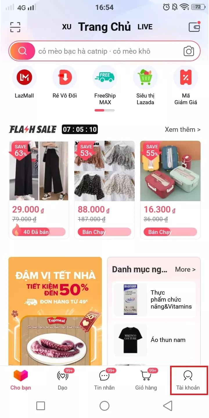 alt text: Nhấn vào biểu tượng Tài khoản ở góc phải màn hình ứng dụng Lazada