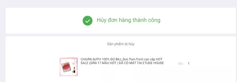 alt text: Thông báo hủy đơn hàng thành công