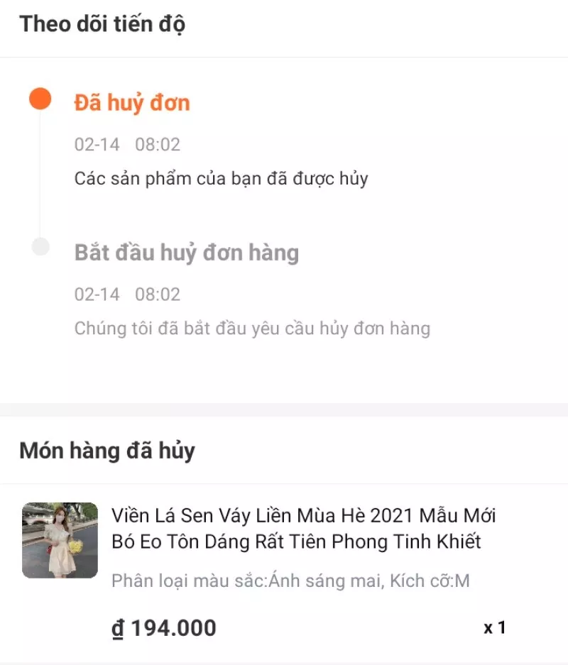 alt text: Thông báo hủy đơn hàng thành công trên ứng dụng