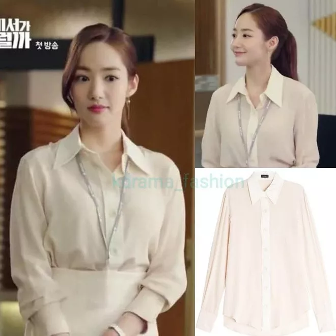 alt text: Thư ký Kim diện áo blouse pastel kết hợp chân váy bút chì