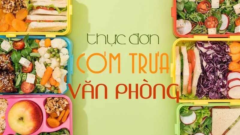 Alt text: Thực đơn cơm văn phòng với trứng rán, chả giò, cơm, súp lơ cà rốt luộc, và dưa hấu