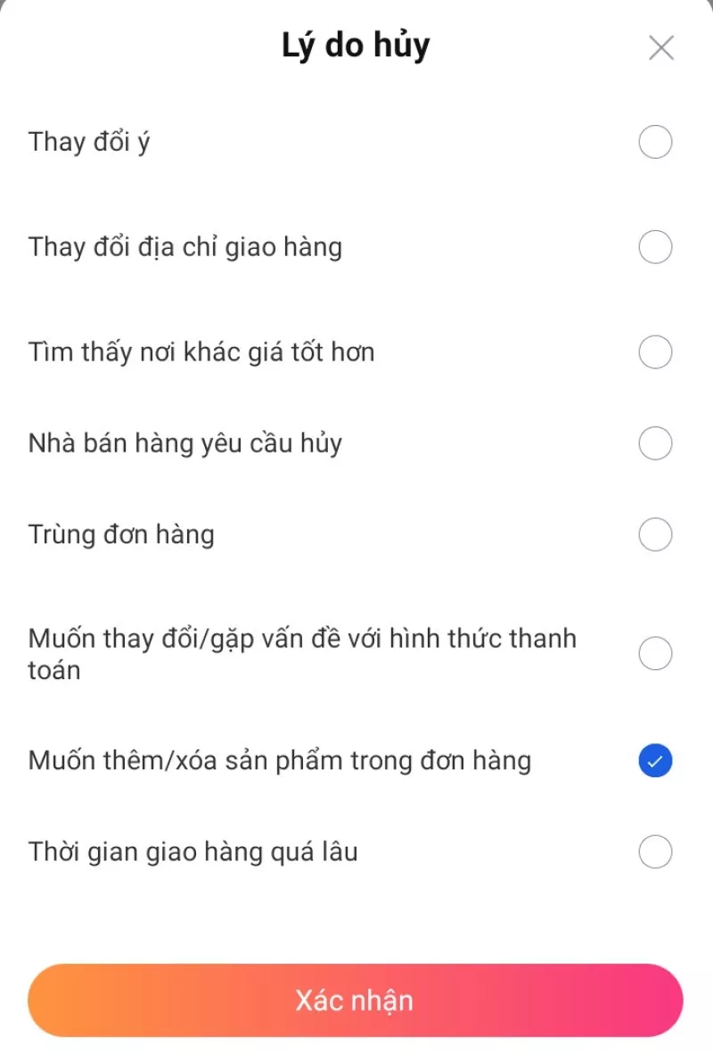 alt text: Xác nhận hủy đơn hàng trên ứng dụng