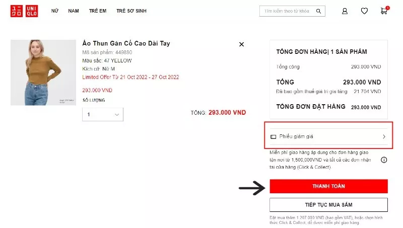 alt text: Xem giỏ hàng và áp dụng mã giảm giá trên Uniqlo