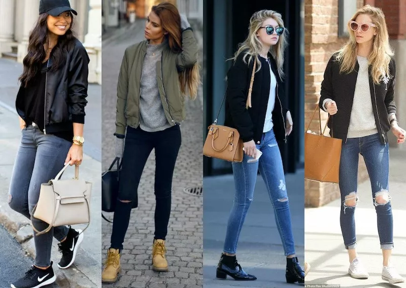 Áo bomber nữ với quần jeans