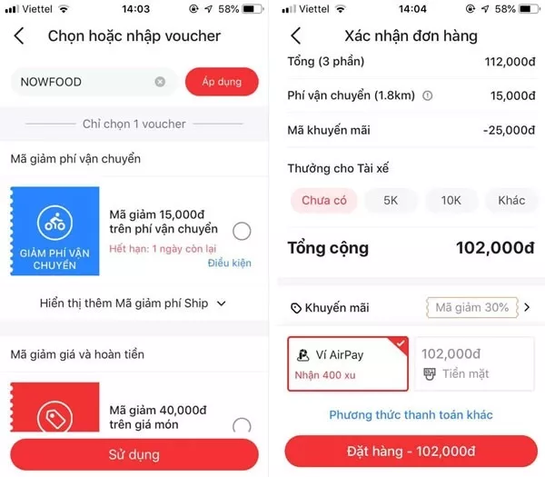 Áp dụng mã giảm giá trên NowFood