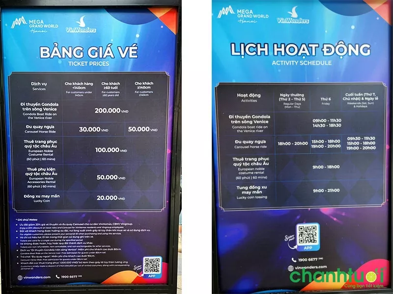 Bảng giá vé một số dịch vụ tại Mega Grand World