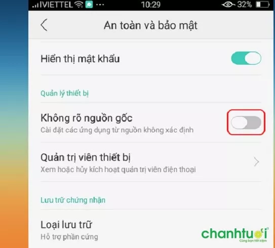 Bật chế độ cho phép cài đặt từ nguồn không rõ